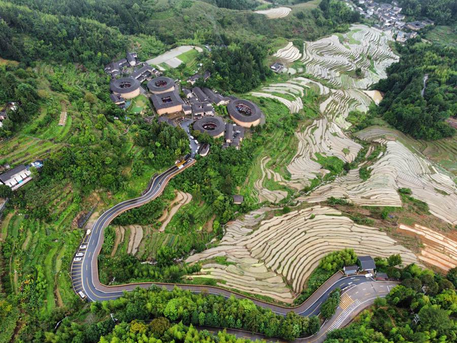 一块块水田错落分布,宛若大地指纹,与世遗土楼一同勾勒出一幅美丽的乡土田园画卷。南靖县融媒体中心供图