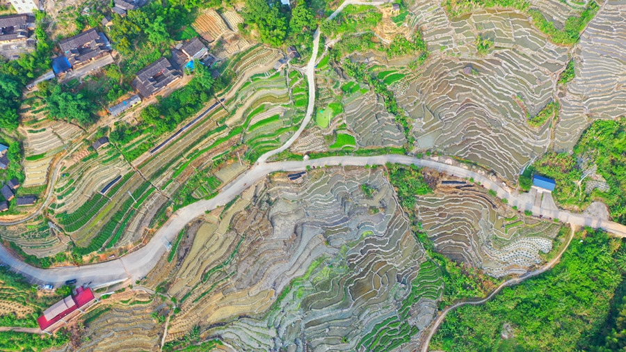 1.福建省漳州市华安县湖林乡石井村新翻耕的千亩梯田如链似带,层次分明,勾勒出一幅美丽的田园画卷。黄建和摄