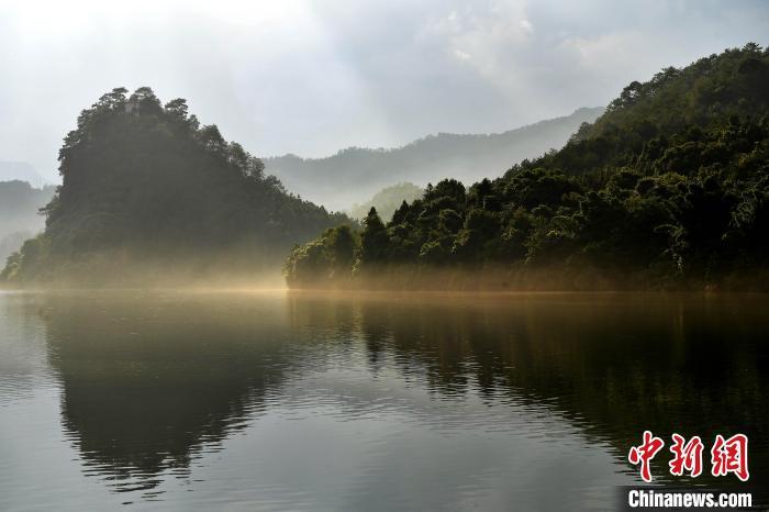 图为常口村绿水映照着青山，好像一幅淡雅的水墨画卷。　中新网记者 张斌 摄