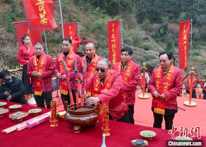 茶农依次献上“灵芽”“御泉”和“龙团凤饼”，上香，行鞠躬礼。　魏永青 摄