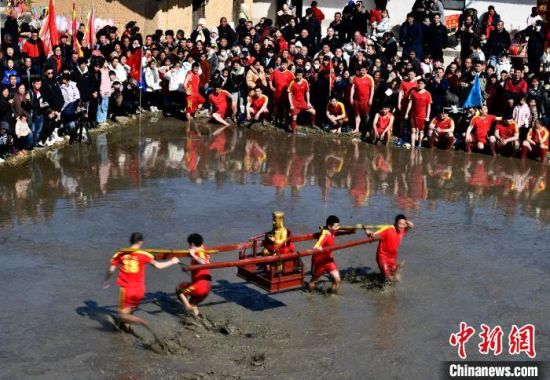 2月9日，时值正月十二，福建省长汀县童坊镇举行传统的“闹春田”民俗活动。中新社记者 张斌 摄