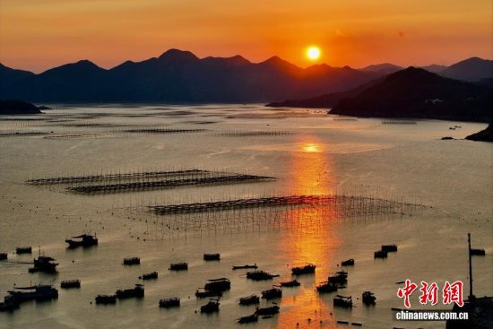 10月7日，福建省霞浦县日落景色美不胜收。福建霞浦之滨凭借其旖旎的风光、独特的人文魅力，正吸引着越来越多的游客前来探寻。这里不仅是摄影爱好者的天堂，更是人们放松身心、感受大自然之美的好去处。(无人机照片)