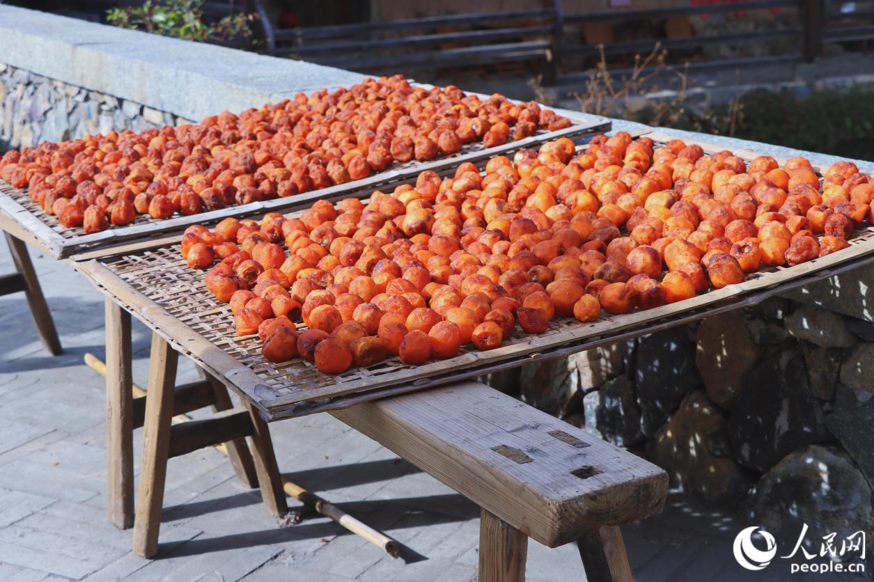 刚去皮的柿果仿佛“橘红绒毯”。人民网 林铭贤摄